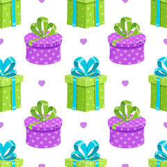 Gift box seamless cartoon pattern with ribbons and bows. Birthday presents create a fun surprise element for party decor. Perfect for wrapping paper, festive occasions, and cheerful event