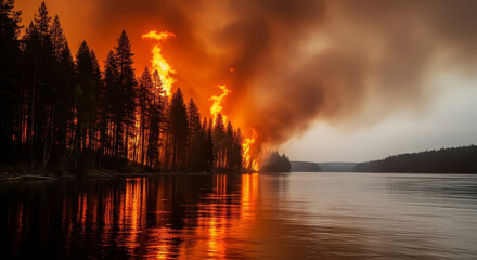 Massive forest fire rages along the lake shore creating destruction
