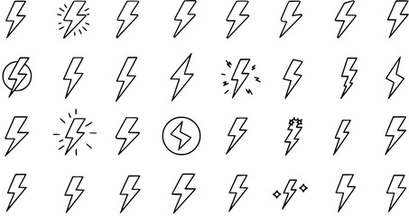 Lightning Bolt Icon Set: Hand-Drawn Thunder Signs for Energy, Power, and Weather Design