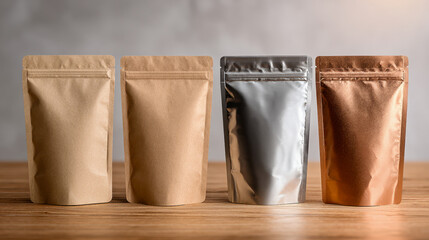 Four diverse stand-up pouches in matte brown, kraft paper, metallic silver, and shiny bronze colors neatly arranged on wooden surface for product packaging display