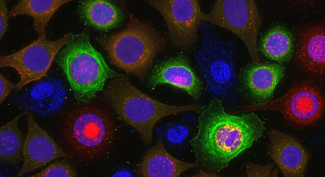 Confocal Microscopy Imaging of Cellular Structures and Nuclei Undergoing Biological Processes