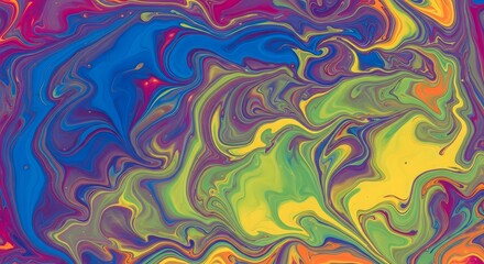 Vibrant abstract fluid art with swirling patterns of blue, green, yellow, and purple colors