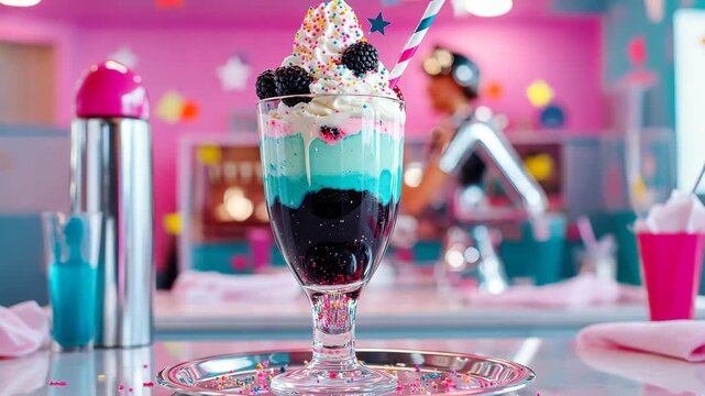Vibrant ice cream parlor scene with colorful sundae and cheerful atmosphere