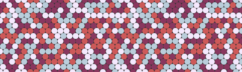 Abstract geometric seamless pattern.  Vibrant circles in red, white, and blue hues create a captivating mosaic design. Ideal for textile prints, website backgrounds, or modern art projects.