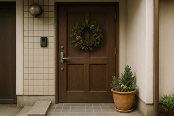 Japanese Home Entrance Decorated with a Handmade Christmas Wreath Representing a Simple and Elegant Seasonal Atmosphere for Winter
