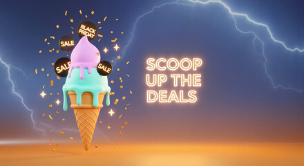 Colorful ice cream cone with a playful scoop and Black Friday sale signs surrounding it, against a vibrant sunset background, promotional concept of ice cream shop or cafe