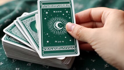 Hand holding tarot cards for divination and fortune telling on fabric surface