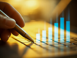Conceptual image of hand holding pen over laptop keyboard with glowing rising bar chart illustrating business growth and digital data analysis success trends