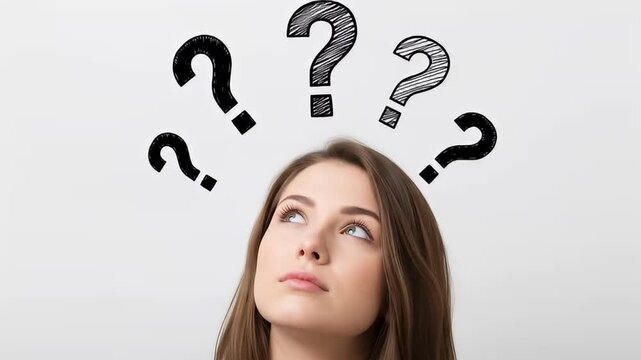 Young woman looking up at hand-drawn question mark symbols	