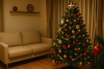 Japanese Living Room with a Decorated Christmas Tree and Ornaments Creating a Cozy and Festive Home Atmosphere for Winter Holidays
