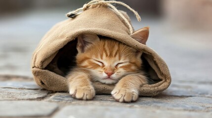 Sleepy kitten nestled in a brown bag