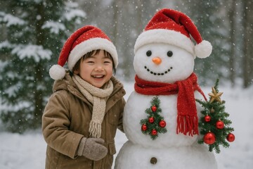 Japanese Child Playing Beside a Decorated Snowman During Christmas Season in a Snowy Landscape Filled with Joyful Winter Holiday Spirit