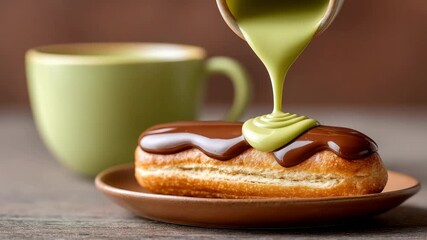 Green tea glaze drizzling on chocolate eclair with coffee mug in background - Powered by Adobe