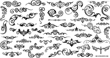 Vector Set of Ornate Swirls, Flourishes, and Decorative Dividers. Elegant black ornamental scrollwork and vintage border elements for classic design.