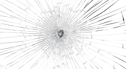 Shattered glass with a central impact point, isolated on transparent background