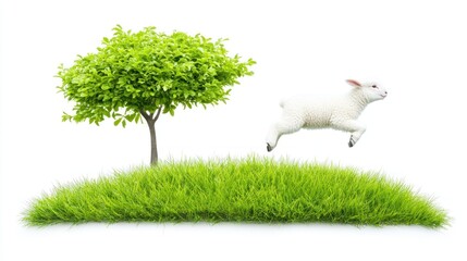 Spring Lamb Leaping Over Lush Green Meadow