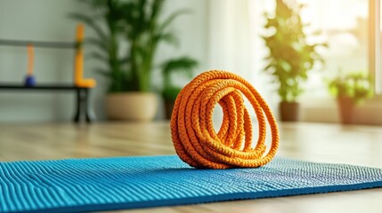 Orange jump rope on blue exercise mat