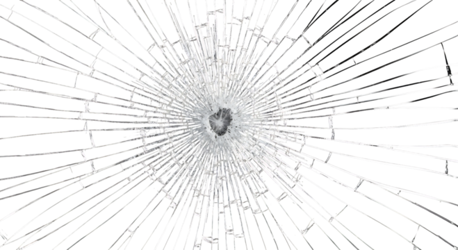 Shattered glass with a central impact point, isolated on transparent background