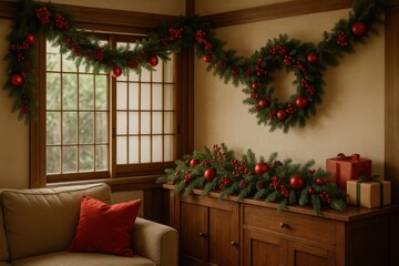 Japanese Christmas Decorations in Red and Green Creating a Festive and Warm Holiday Atmosphere for Interior and Commercial Background Use