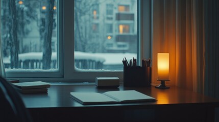 Cozy winter desk scene by a window