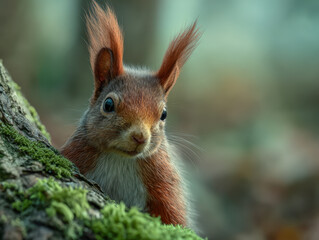 Fototapeta premium Close-up of a curious squirrel with expressive eyes and tufted ears peeking from a moss-covered tree trunk in a lush forest setting