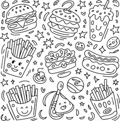 Funny Snack and Burger Line Art Vector Design