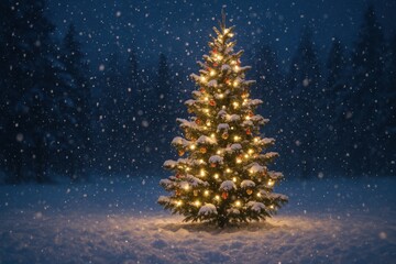 Beautiful Snowy Japanese Night Scene with a Christmas Tree Illuminated by Warm Lights Creating a Magical and Peaceful Winter Landscape