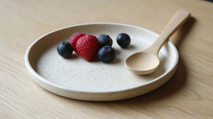 Fresh berries on a light beige plate with wooden spoon