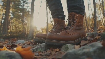 Leather boots on a rocky forest path.  Sunlight filtering through the trees