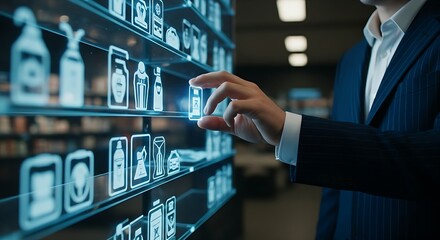 Autonomous checkout concept. A customer's hand simply picks a product from a holographic shelf and walks out; payment is automatically debited.