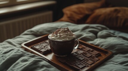 Cozy hot chocolate on a bed tray