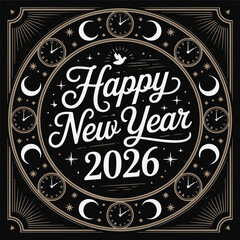  Black and White HNY 2026 Vector | Engraving Style Midnight Clock Graphic
