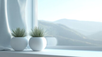 Peaceful windowsill with potted plants overlooking a serene mountain vista.  Soft light, elegant white decor
