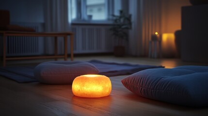 Calm, peaceful living room scene with warm lighting and meditation cushions