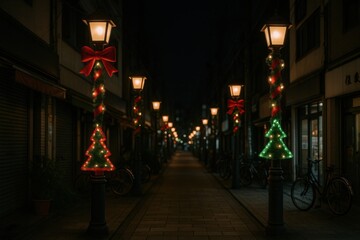 Japanese Street with Lamp Posts Decorated in Red and Green Christmas Colors Creating a Beautiful and Festive Urban Winter Night Scene