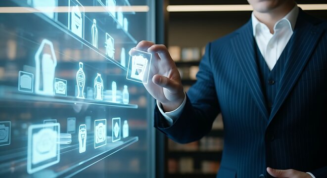 Autonomous checkout concept. A customer's hand simply picks a product from a holographic shelf and walks out; payment is automatically debited.