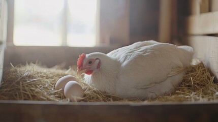 White hen nestled in straw-filled coop with eggs