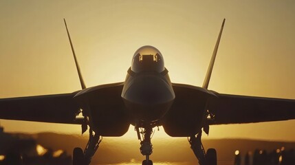 Military jet silhouette at sunset