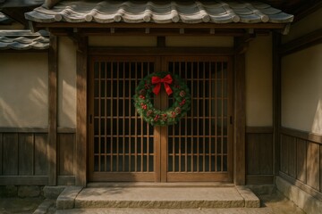 Traditional Japanese House Entrance Decorated with a Christmas Wreath Creating a Beautiful Fusion of Japanese and Western Seasonal Culture