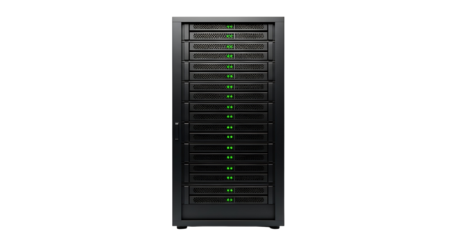 A tall, black server rack filled with multiple hard drives and blinking green lights, isolated on transparent background