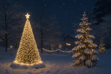Snowy Japanese Landscape Illuminated with Christmas Lights Creating a Magical and Peaceful Winter Night Scene Perfect for Festive Backgrounds