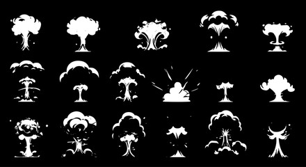 Set of Diverse Cartoon Explosion Effects and Mushroom Clouds in White on Black Background, Ideal for Game Animation Sprites or Graphic Design Elements
