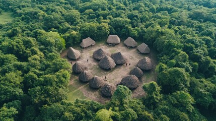 Indigenous village nestled within lush rainforest.  Circular layout of traditional huts