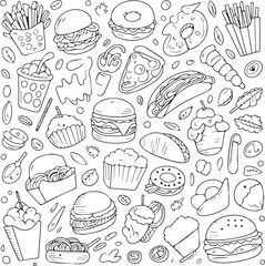 Hand Drawn Fast Food Doodle Pattern in Black and White