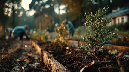 Fototapeta premium Close-up of a young plant growing in soil, with a blurred figure in the background planting more greenery, symbolizing growth and nurturing