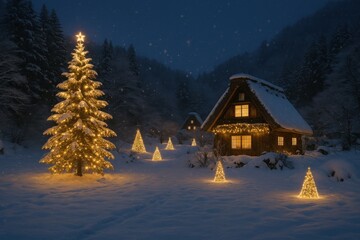 Snowy Japanese Landscape Illuminated with Christmas Lights Creating a Magical and Peaceful Winter Night Scene Perfect for Festive Backgrounds