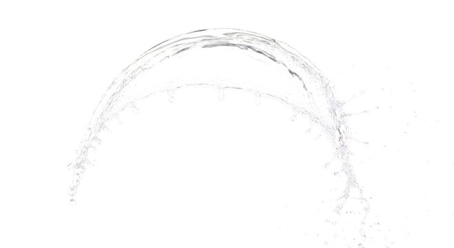 Abstract artistic representation of a dynamic water splash forming an arc, isolated on transparent background