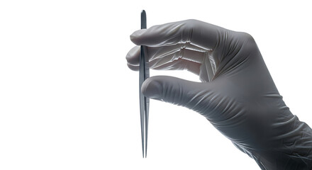 Closeup of a gloved hand holding surgical forceps, isolated on transparent background