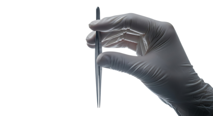 Closeup of a gloved hand holding surgical forceps, isolated on transparent background