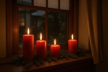 Christmas Candles Glowing on a Japanese Window Sill Creating a Warm, Cozy, and Peaceful Winter Holiday Atmosphere Indoors